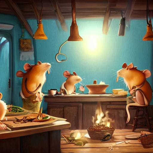 cottagecore illustration of rats cooking tasty dinner in French kitchen, studio Ghibli, Pixar and Disney animation, sharp, rendered in Unreal Engine 5, anime key art by Loish Van Baarle, dramatic, lighting, bloom, sunrise