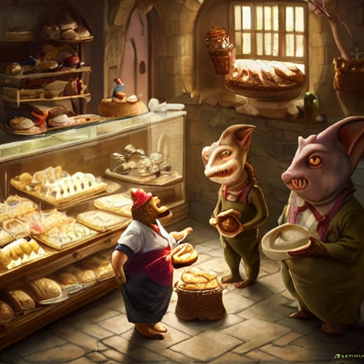 cute scene inside a fantasy bakery, a short fat obese kobold baker wearing an apron and round belly is selling pastries to a pretty goblin, intricate, highly detailed, artstation, concept art, smooth, sharp focus, natural lighting, art by artgerm and greg rutkowski 