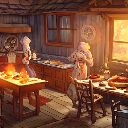 cottagecore illustration of rats cooking tasty dinner in French kitchen, studio Ghibli, Pixar and Disney animation, sharp, rendered in Unreal Engine 5, anime key art by Loish Van Baarle, dramatic, lighting, bloom, sunrise