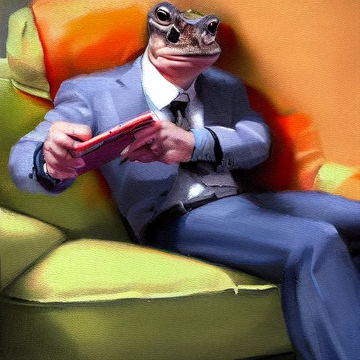 hyper realistic oil painting of toad watching a tv movie on the couch, back camera shot, vibrant colors, high contrast, by greg rutkowski, trending on artstation, caricaturist 