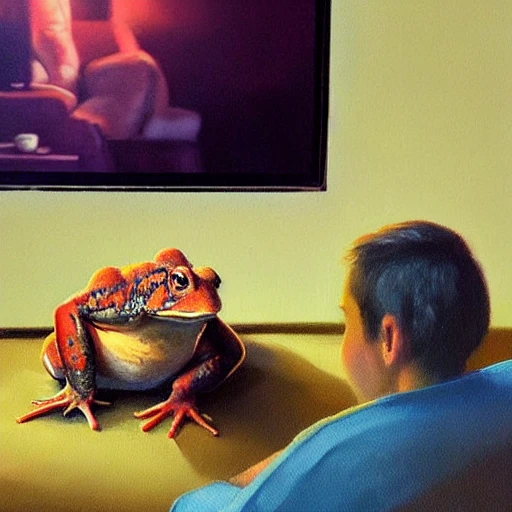 hyper realistic oil painting of toad watching a tv movie on the couch, back camera shot, vibrant colors, high contrast, by greg rutkowski, trending on artstation, caricaturist 