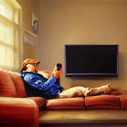 hyper realistic oil painting of toad watching a tv movie on the couch, back camera shot, vibrant colors, high contrast, by greg rutkowski, trending on artstation, caricaturist 