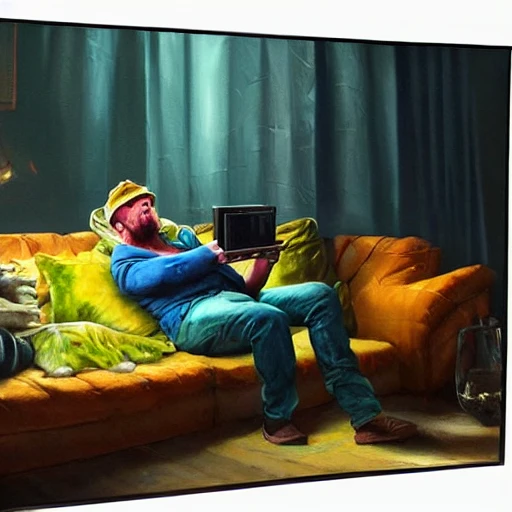 hyper realistic oil painting of toad watching a tv movie on the couch, back camera shot, vibrant colors, high contrast, by greg rutkowski, trending on artstation, caricaturist 