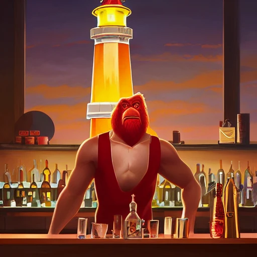 hero world atari, red orangutan as bartender holding and shaking detailed lighthouse miniature as shaker for make cocktails at bar, behance hd by jesper ejsing, by rhads, makoto shinkai and lois van baarle, ilya kuvshinov, rossdraws global illumination 
