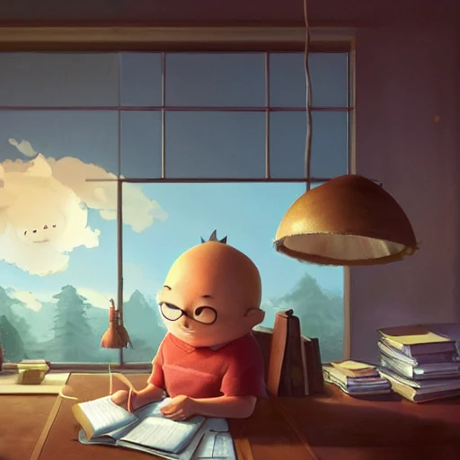 a wholesome cottagecore illustration of a happy cartoon hamburger studying math, studio Ghibli, Pixar and Disney animation, sharp, Rendered in Redshift and Unreal Engine 5 by Greg Rutkowski, Bloom, dramatic lighting, sunrise