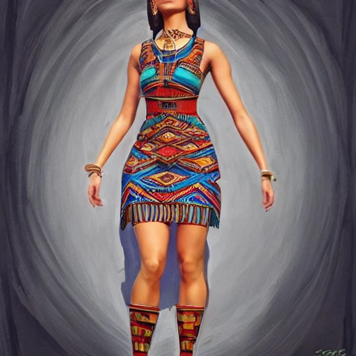 full body photo of a gorgeous young woman wearing an aztec dress in the style of stefan kostic, realistic, sharp focus, 8k high definition, insanely detailed, intricate, elegant, art by stanley lau and artgerm