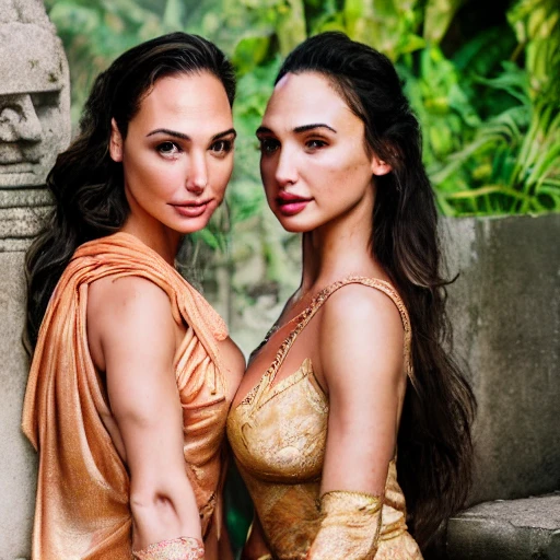 portrait of lindsey pelas and gal gadot wearing kebaya in bali temple, by charlotte grimm, natural light, detailed face, beautiful features, symmetrical, canon eos c 3 0 0, ƒ 1. 8, 3 5 mm, 8 k, medium - format print, half body shot 