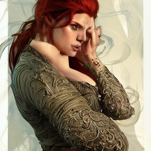 cheaky ginger, confident, bold, passionate , seductive, expressive, charismatic, very sweaty, intricate fashion clothing, insane, intricate, highly detailed, digital painting, artstation, concept art, smooth, sharp focus, illustration, Unreal Engine 5, 8K, art by artgerm and greg rutkowski and alphonse mucha