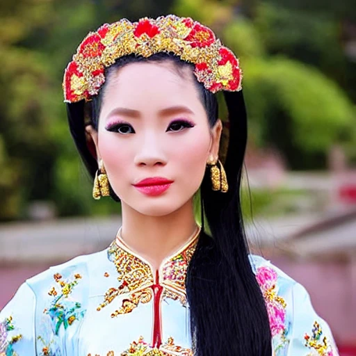 beautiful vietnamese woman wearing vietnamese ao dai, intricate, detailed, symmetric face 