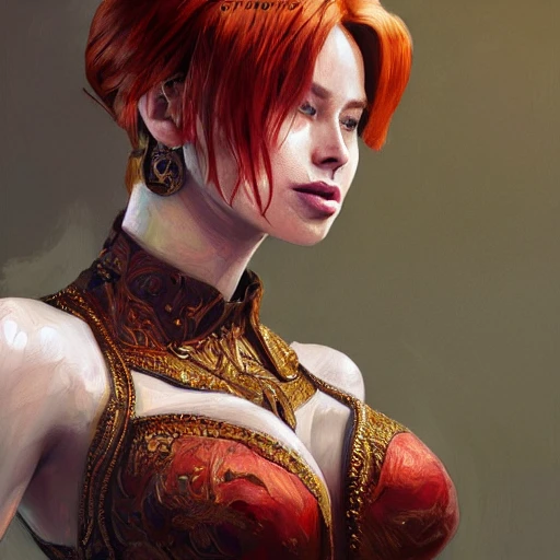 cheaky ginger, confident, bold, passionate , seductive, expressive, charismatic, very sweaty, intricate fashion clothing, insane, intricate, highly detailed, digital painting, artstation, concept art, smooth, sharp focus, illustration, Unreal Engine 5, 8K, art by artgerm and greg rutkowski and alphonse mucha