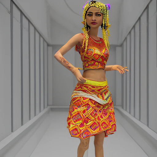 beautiful summer assamese mekehela bihu style floral gamosa dress ; flirtatious, boho - chic, sleeveless, elegant, short skirt length, slimmer demeanor, plethora of colors ; mini dress, highly detailed cute face by wlop ; octane render, unreal engine 5, trending on artstation, 8 k, symmetrical, cinematic, high coherence, hdr fabric textures 