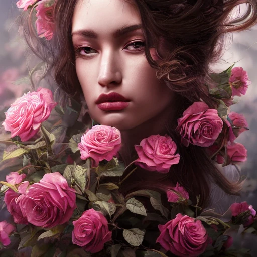 Focused closeup portrait of beautiful woman with intricate hair of roses, strong light shading, dramatic, fine details, 8k, concept art, by le vuong and alphose Mucha
