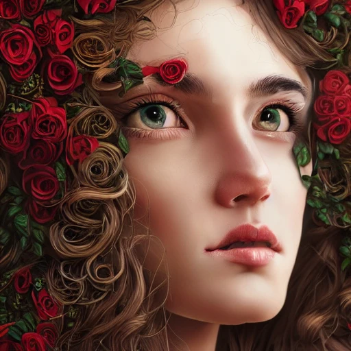Focused closeup portrait of beautiful woman with intricate hair of roses, strong light shading, dramatic, fine details, 8k, concept art, by le vuong and alphose Mucha
