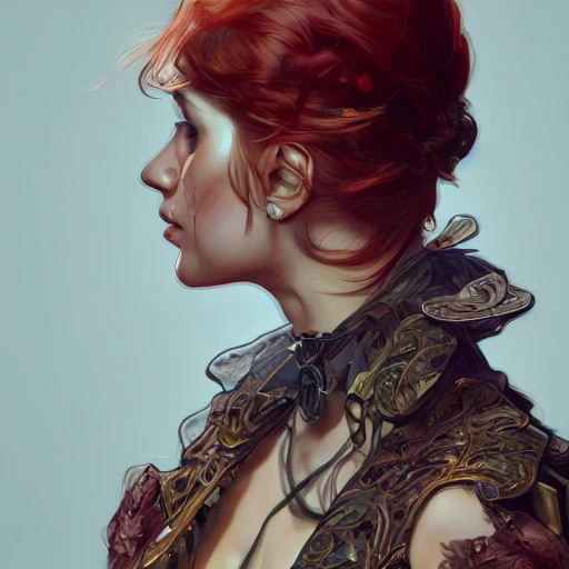 cheaky ginger, confident, bold, passionate , seductive, expressive, charismatic, very sweaty, intricate fashion clothing, insane, intricate, highly detailed, digital painting, artstation, concept art, smooth, sharp focus, illustration, Unreal Engine 5, 8K, art by artgerm and greg rutkowski and alphonse mucha