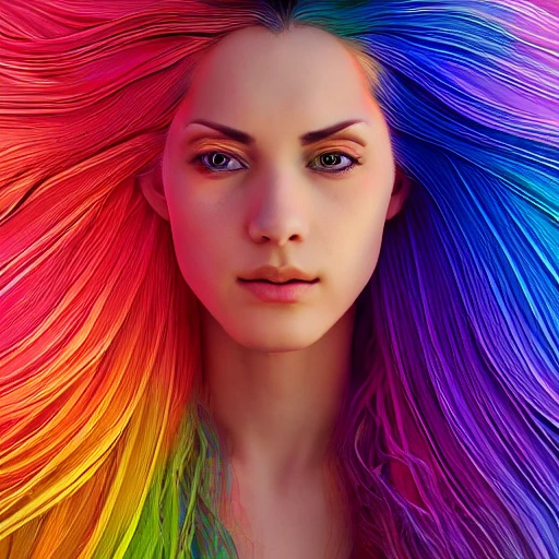Focused closeup portrait of beautiful woman with intricate hair of rainbow, strong light shading, dramatic, fine details, 8k, concept art, by le vuong and alphose Mucha
