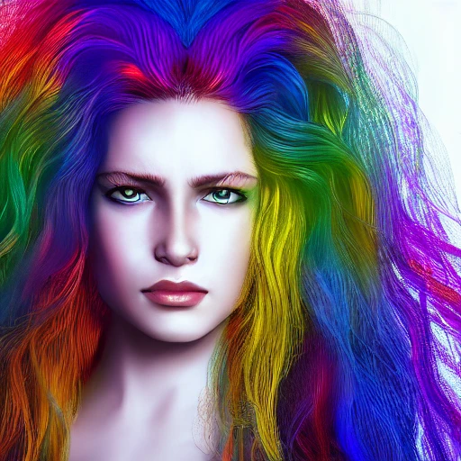 Focused closeup portrait of beautiful woman with intricate hair of rainbow, strong light shading, dramatic, fine details, 8k, concept art, by le vuong and alphose Mucha
