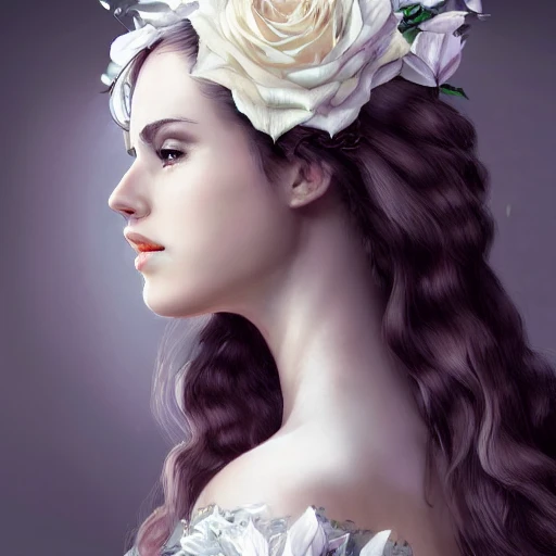 Focused closeup portrait of beautiful woman with intricate hair of white rose, strong light shading, dramatic, fine details, 8k, concept art, by le vuong and alphose Mucha
