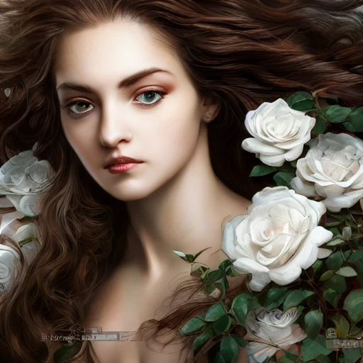 Focused closeup portrait of beautiful woman with intricate hair of white rose, strong light shading, dramatic, fine details, 8k, concept art, by le vuong and alphose Mucha
