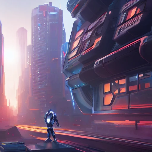a futuristic robot, with soft cinematic lighting in a brightly lit, futuristic city, concept art, arstation, fine detail, super realistic, 8k, high definition, by greg rutkwoski and noah bradley sampler_name: k_lms
