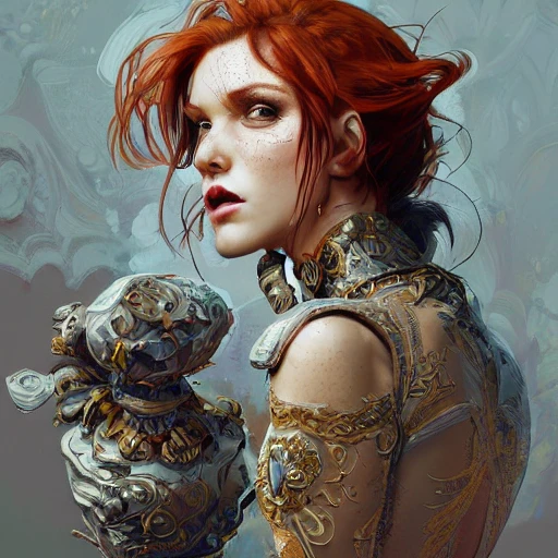 cheaky ginger, confident, bold, passionate , expressive, charismatic, very sweaty, intricate fashion clothing, insane, intricate, highly detailed, digital painting, artstation, concept art, smooth, sharp focus, illustration, Unreal Engine 5, 8K, art by artgerm and greg rutkowski and alphonse mucha