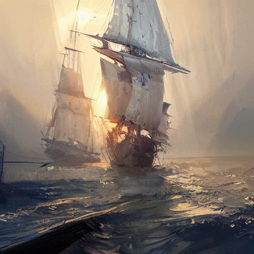 Professional impressionist painting of a sailing ship, in the styles of Jeremy Mann, Rutkowski and other Artstation illustrators, intricate details, face, portrait, headshot, illustration, UHD, 4K
