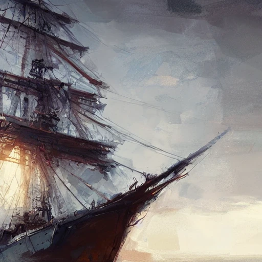 Professional impressionist painting of a sailing ship, in the styles of Jeremy Mann, Rutkowski and other Artstation illustrators, intricate details, face, portrait, headshot, illustration, UHD, 4K
