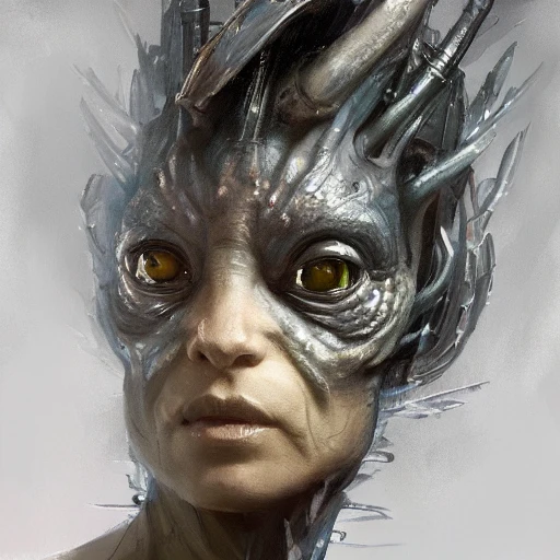 Professional portrait of a beautiful alien creature with humanoid face, reptilian eyes, and exoskeleton features, by Jeremy Mann, Rutkowski and other Artstation illustrators, intricate details, face, portrait, headshot, illustration, UHD, 4K, Oil Painting