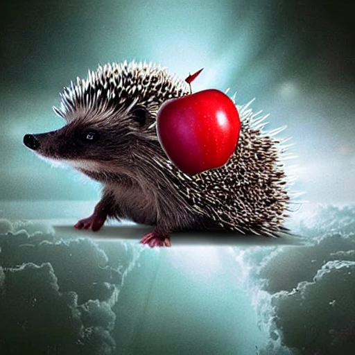 cute, beautiful hedgehog with a hat, carrying the red apple pic cinematic brilliant stunning intricate meticulously detailed dramatic atmospheric maximalist digital matte painting