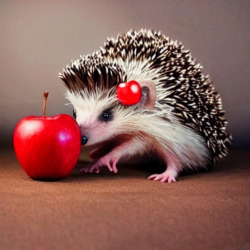 cute, beautiful hedgehog with a hat, carrying the red apple pic cinematic brilliant stunning intricate meticulously detailed dramatic atmospheric maximalist digital matte painting