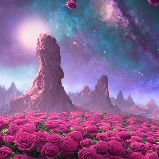 milky way with roses detailed matte painting, deep color, fantastical, intricate detail, splash screen, complementary colors, fantasy concept art, 8k resolution trending on Artstation Unreal Engine 5