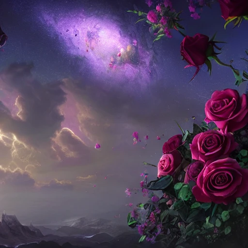 milky way with roses detailed matte painting, deep color, fantastical, intricate detail, splash screen, complementary colors, fantasy concept art, 8k resolution trending on Artstation Unreal Engine 5