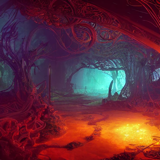 hell, Detailed and Intricate, world of darkness, bioluminescent, Beautiful Lighting, colorful, Dynamic Lighting, Intricate Environment, 8k, Creature Design, Portrait. Rule of thirds.