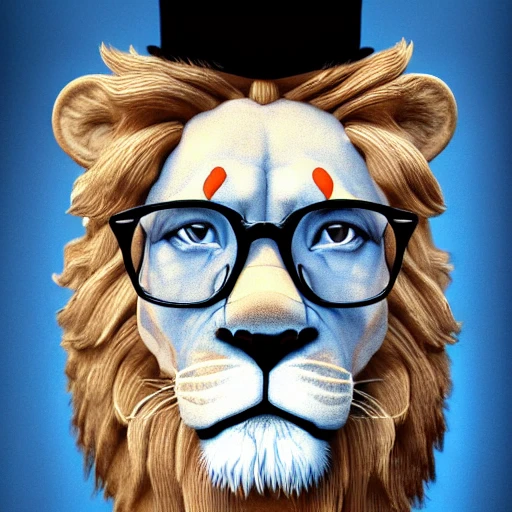 Lion with glasses and a top hat :: by WLOP, Andrés Rueda, Michael Wheland, Arai Yoshimune, Junji Ito and Jae Lee : Photorealism :: hyperdetailed :: 8k resolution :: digital illustration :: volumetric lighting :: romanticism :: expressionism :: impressionist :: rendered in Blender :: Unreal Engine :: cinematic