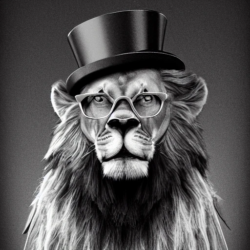 Lion with glasses and a top hat :: by WLOP, Andrés Rueda, Michael Wheland, Arai Yoshimune, Junji Ito and Jae Lee : Photorealism :: hyperdetailed :: 8k resolution :: digital illustration :: volumetric lighting :: romanticism :: expressionism :: impressionist :: rendered in Blender :: Unreal Engine :: cinematic
