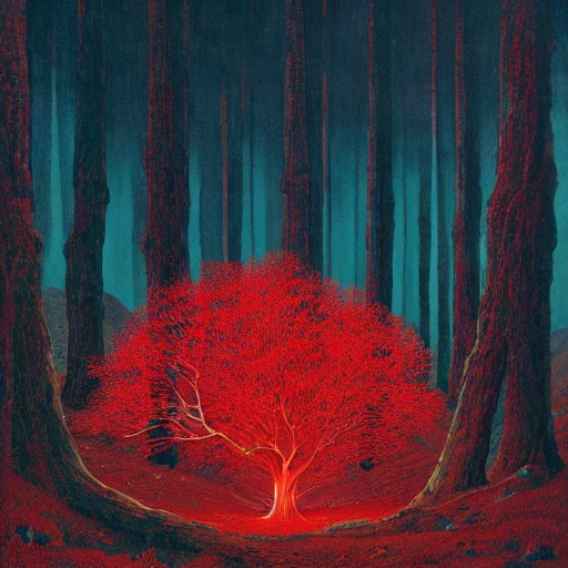 a glowing red tree in the mountains by Victo Ngai, Lee Madgwick, Caspar David Friedrich, and Mikalojus Konstantinas Čiurlionis, beautiful strange detailed painting 8k resolution trending on Artstation digital illustration surrealism HDR Unreal Engine romanticism massive hyperrealism ink acrylic