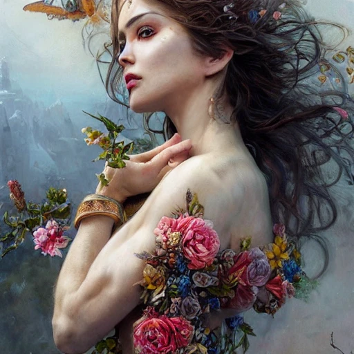 A highly detailed, Intricate sultry beautiful woman doctor in corset,perfect proportions,surroundedby colourful flowers,Serge Marshennikov, Luis Royo, Peter Mohrbacher, Daniel F Gerhartz,hyperrealistic, hyper detailed, photorealistic,incredible composition, amazing depth, imposing, meticulously composed, 8k resolution concept art,fantasy magazine cover art, Oil Painting