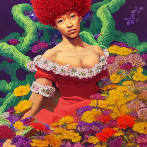 A beautiful colored woman made of flowers, large fire eyes, by Kentaro Miura, Pia Guerra, Jean Lemaire, and Gerhard Richter, hyperdetailed, trending on Artstation, VRay, expansive, 8K resolution, subtractive lighting, romanticism, retrofuturism, poster art, Ukiyo-e, vivid and vibrant
