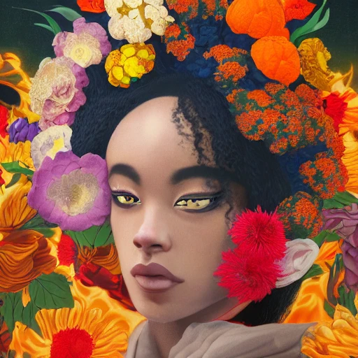 A beautiful colored woman made of flowers, large fire eyes, by Kentaro Miura, Pia Guerra, Jean Lemaire, and Gerhard Richter, hyperdetailed, trending on Artstation, VRay, expansive, 8K resolution, subtractive lighting, romanticism, retrofuturism, poster art, Ukiyo-e, vivid and vibrant