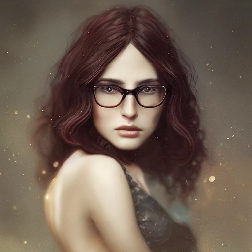 redshift style, a real perfect female body of beautiful brunette, glasses, perfect face, intricate, elegant, highly detailed, trending on artstation, by Tom Bagshaw and Seb McKinnon, 150mm portrait, photography, epic cinematic, octane render , denoise, photograph with a Hasselblad H3DII, extremely detailed, Oil Painting