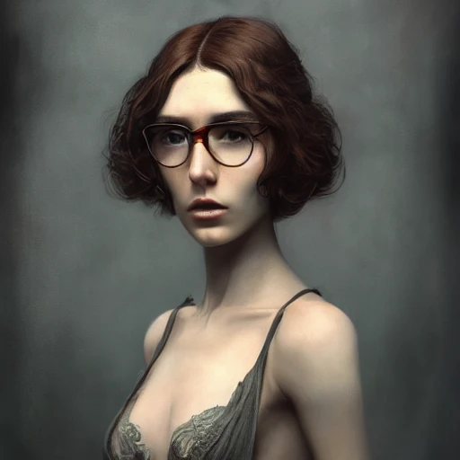 redshift style, a real perfect female body of beautiful brunette, glasses, perfect face, intricate, elegant, highly detailed, trending on artstation, by Tom Bagshaw and Seb McKinnon, 150mm portrait, photography, epic cinematic, octane render , denoise, photograph with a Hasselblad H3DII, extremely detailed, Oil Painting