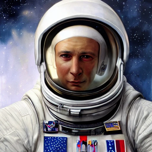 35mm, sharp focus, pores, skin details, eyes, 8k, award winning, masterpiece, Professional military portrait of a space pilot in formal NASA white parade uniform with medals, by Jeremy Mann, Rutkowski and other Artstation illustrators, intricate details, face, portrait, headshot, illustration, UHD, 4K