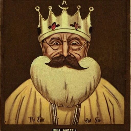 slim old man with a thick mustache wearing a crown and a white lobe, in front of the chest is an atom and electrics sign. the man is holding a trone, praising the wonder of science and defending himself with a shield on the other hand. on the shield, there are words "I'm the science. questioning me is sin"