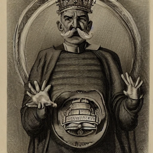 slim old man with a thick mustache wearing a crown and a white lobe, in front of the chest is an atom and electrics sign. the man is holding a trone, praising the wonder of science and defending himself with a shield on the other hand. on the shield, there are words "I'm the science. questioning me is sin", Pencil Sketch