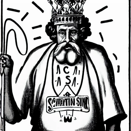 slim old man with a thick mustache wearing a crown and a white lobe, in front of his chest is an electrics pattern simulation sign. The man is holding a trone in his left hand, praising the wonder of science and defending himself with a shield in his right hand. on the shield, there are words said "I'm science. questioning me is a sin", Pencil Sketch