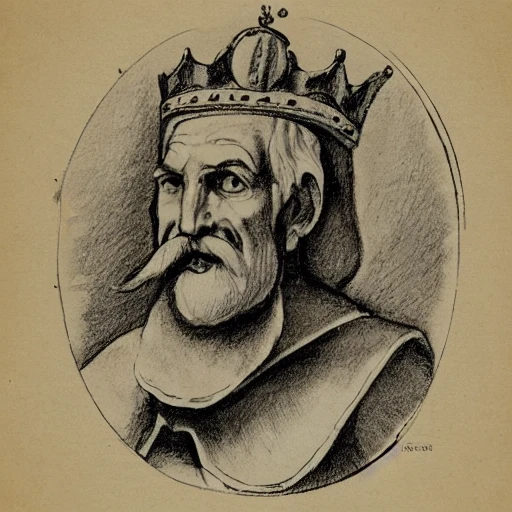 slim old man with a thick mustache wearing a crown and a white lobe, in front of his chest is a science symbol. The man is holding a scepter in his left hand, praising the wonder of science and defending himself with a shield in his right hand. on the shield, there are words said "I'm science. questioning me is a sin", Pencil Sketch