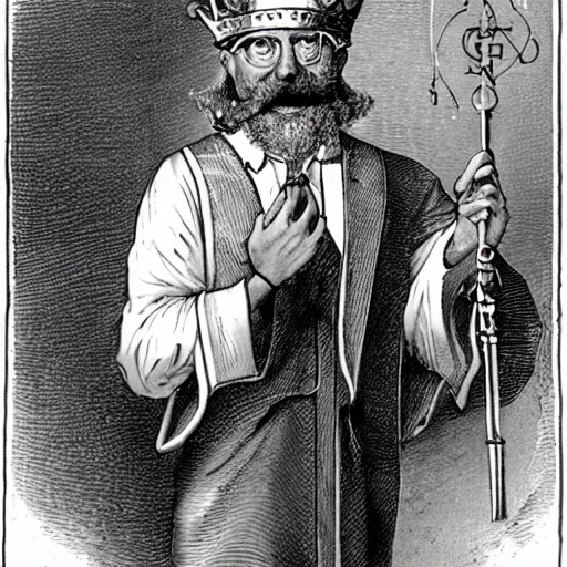 slim old man with a mustache wearing a crown and a white lobe, in front of his chest is a science symbol. The man is holding a scepter in his left hand, praising the wonder of science and defending himself with a ridiculous wood shield in his right hand. on the shield, there are words said "I'm science. questioning me is a sin", Cartoon