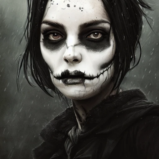 Portrait of {white skull} with {short wet black} hair and with cute face, {outdoors on misty graveyard}, perfect composition, hyperrealistic, professional retouch, super detailed, 8k, high quality, trending art, trending on artstation, sharp focus, studio photo, intricate details, highly detailed, by greg rutkowski