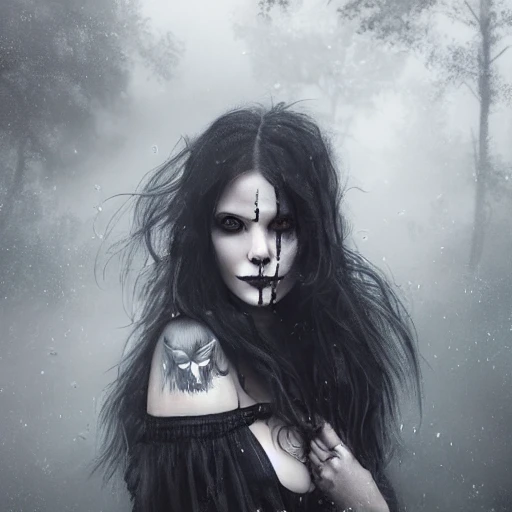 Portrait of {white skull} with {short wet black} hair and with cute face, {outdoors on misty graveyard}, perfect composition, hyperrealistic, professional retouch, super detailed, 8k, high quality, trending art, trending on artstation, sharp focus, studio photo, intricate details, highly detailed, by greg rutkowski
