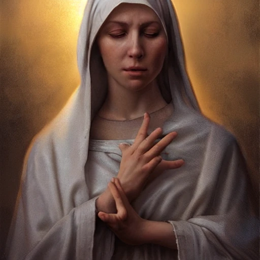 Professional painting of virgin mary beautiful devotional  cristianism
photorealistic 8k render highly détailed,  volumetric lighting, epic composition, photorealism, very high detail,  android  by Jeremy Mann, Rutkowski and other Artstation illustrators, intricate details, face, portrait, headshot, illustration, watercolor