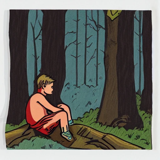 lonely kid in the woods surrounded by wolves, 3-color 